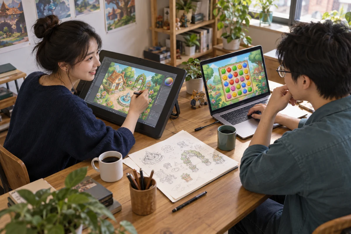 开发者协作绘制游戏素材并测试原型